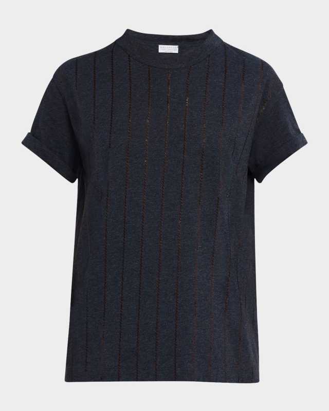 Striped Sequin Cotton Jersey Short-Sleeve T-Shirt
